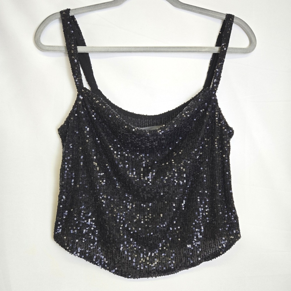 By Anthropologie Cowl Neck Sequin Camisole Tank Top Party Concert Black Small